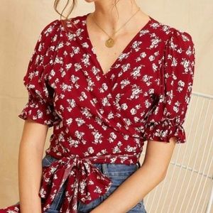 Never worn floral wrap top with flowy sleeves